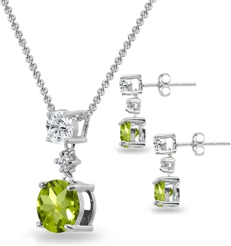 Vista 6 de Juego de collar y aretes colgantes redondos de 3 piedras preciosas creadas o simuladas y topacio blanco de plata de ley