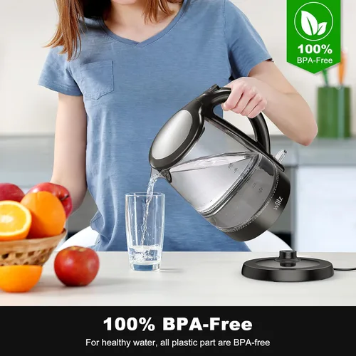 Vista 7 de Willz Hervidor eléctrico de vidrio con mango resistente al calor y vertido inalámbrico, tecnología de ebullición rápida y apagado automático, luz