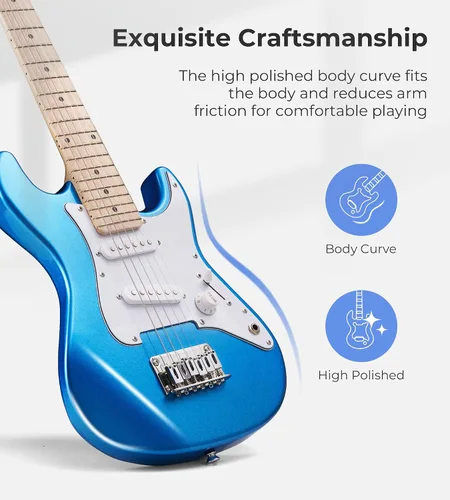 Vista 4 de Guitarra eléctrica para niños Vangoa de 30 pulgadas, kit para principiantes para jóvenes músicos con amplificador, bolsa, correa, cuerdas Azul