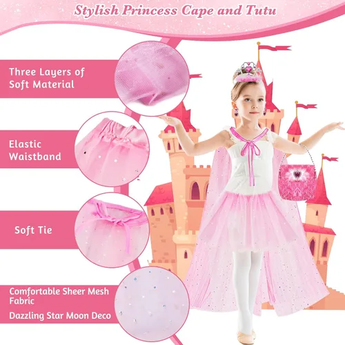 Vista 4 de BeiyoQSZ Juego de 3 pares de zapatos de princesa para niños pequeños con capa de princesa falda tutú corona varita collares bolsos zapatos de juego