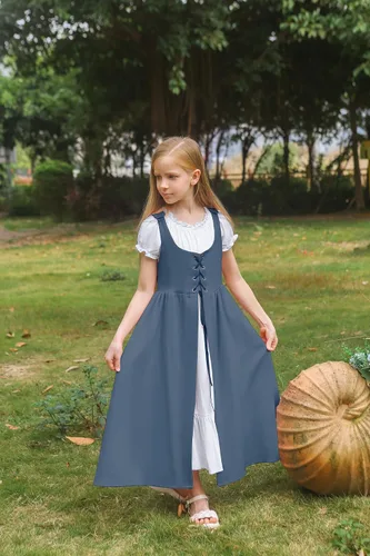 Vista 31 de Scarlet Darkness Vestido renacentista para niñas, disfraz de princesa medieval de dos piezas, 7-14 años