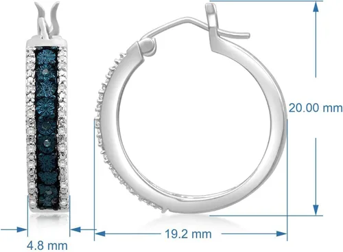 Vista 3 de Jewelili Aretes de aro de plata de ley con diamantes redondos azules y blancos naturales tratados, 110 quilates, Metal, diamante azul