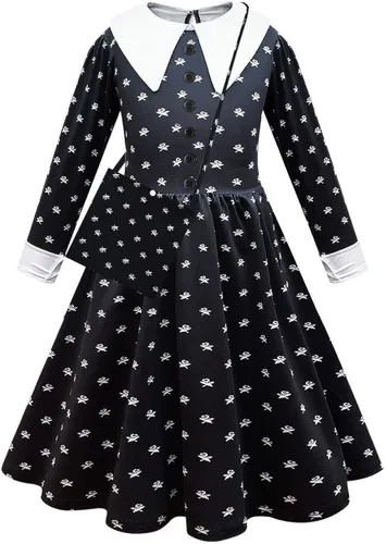 Vista 3 de Trodier Wednesday Addams - Vestido de disfraz para niñas, vestidos de cosplay elegantes para niños, disfraz de Halloween, vestidos de fiesta