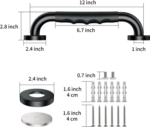 Vista 2 de Barra de agarre para ducha negra de 12 pulgadas con agarre de goma antideslizante, ZUEXT Barra de agarre para baño de acero inoxidable, Barra