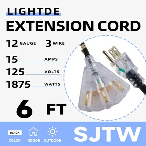 Vista 2 de Cable de extensión iluminado para exteriores de 6 pies con 3 tomas de corriente eléctrica - Cable de extensión negro resistente SJTW 12/3