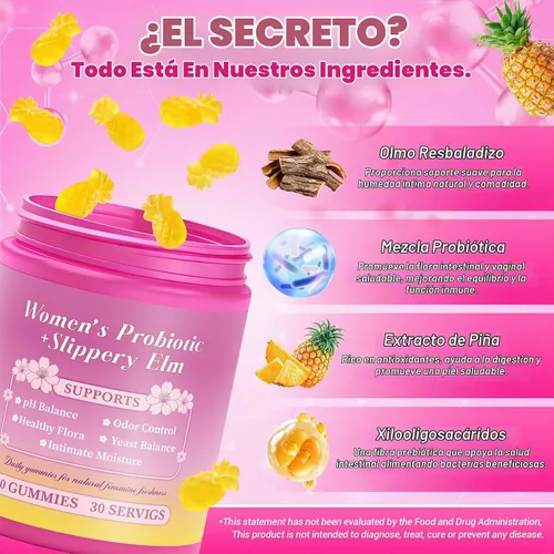 Vista 4 de Sus jugosas gomitas de probióticos femeninos con olmo resbaladizo apoya el equilibrio del pH, la salud intestinal y el sistema inmunológico