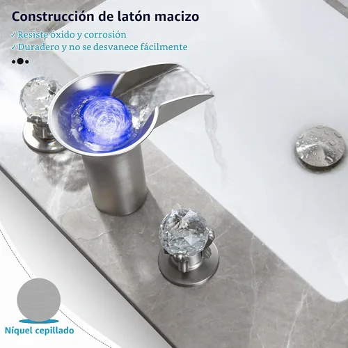 Vista 5 de SKOWLL Grifo de fregadero de baño de níquel cascada LED bola de cristal