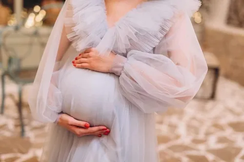Vista 5 de Vestido de maternidad con volantes de tul para sesión de fotos, manga larga, cuello en V, baby shower, lencería de embarazo