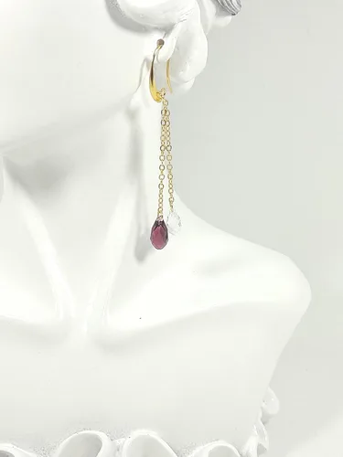 Vista 3 de Aretes colgantes extra largos de 2 cadenas de oro de 14 quilates con cristales austriacos raros chapados en puro gota para mujeres, San Valentín