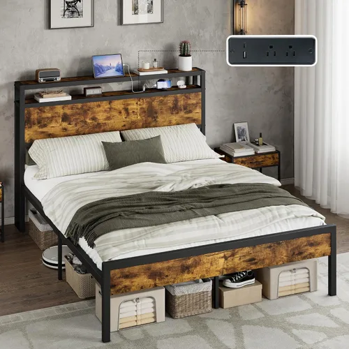 Vista 16 de AMERLIFE Base de cama tamaño Queen con cabecera de almacenamiento y estación de carga, cama de plataforma de metal industrial con gran Negro