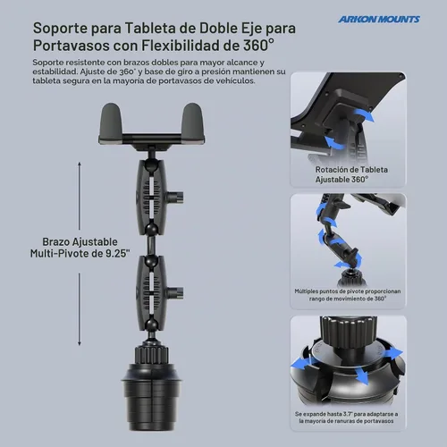 Vista 3 de ARKON Mounts - Soporte para tablet de agarre delgado con soporte doble robusto para taza de automóvil, soporte universal para tableta, soporte