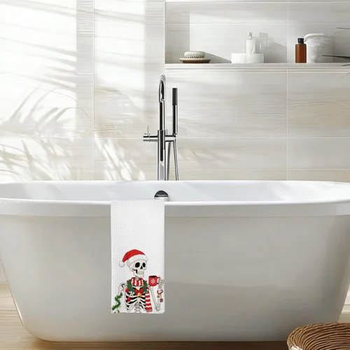 Vista 5 de Divertidas toallas de cocina de esqueleto navideño, toallas de mano góticas de Navidad para decoración de baño, rústico, retro, espeluznante