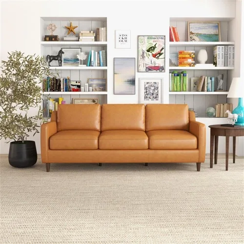Vista 2 de Pemberly Row Sofá Mid-Century de cuero genuino con respaldo acolchado en color marrón