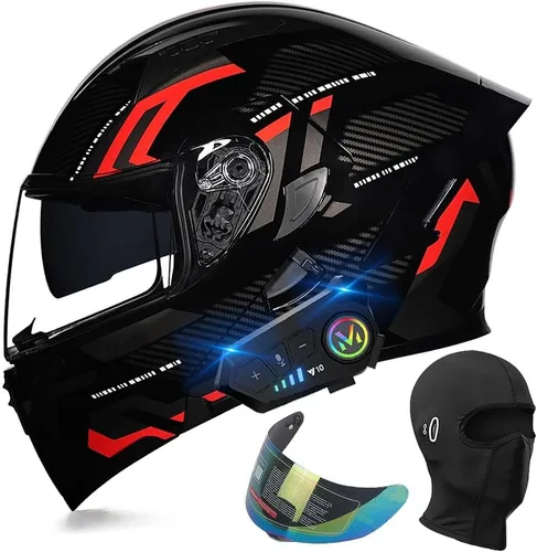 Vista 11 de Casco de motocicleta modular con Bluetooth, aprobado por DOT, casco de cara completa abatible, con visera doble, altavoces duales y micrófono