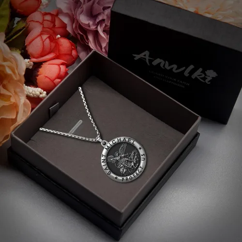 Vista 2 de Collar de San Miguel con medalla de San Miguel bendición de la seguridad y la religión, regalo para hombres, mujeres, familia, padres, amigos