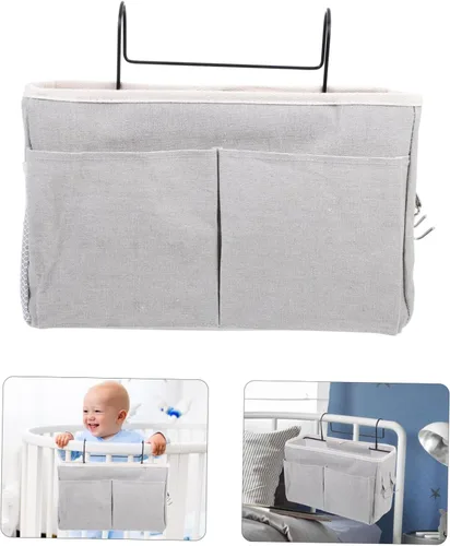 Vista 7 de Práctica cesta de almacenamiento colgante para mesita de noche, multiusos, bolsillos para dormitorio, litera, loft, dormitorio universitario, rieles