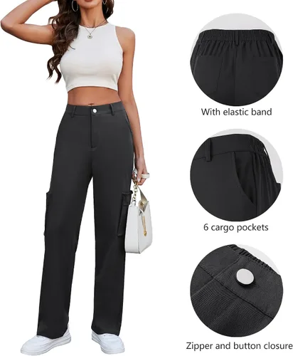 Vista 3 de ETOSELL Pantalones cargo de cintura alta para mujer, pantalones casuales de pierna ancha, elásticos, Y2K Streetwear con 6 bolsillos