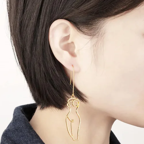 Vista 3 de Aretes colgantes de cara y cuerpo femenino, aretes de declaración estética dorada, joyería abstracta divertida para mujer