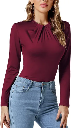 Vista 3 de LYANER Leotardo básico plisado de manga larga con cuello fruncido para mujer