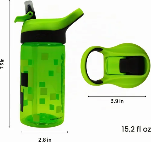 Vista 2 de Minecraft Atlantic Creeper - Botella de agua escolar de plástico ecológico freindly libre de BPA con popote extraíble, a prueba de derrames, regalo