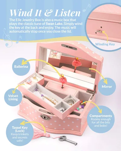 Vista 3 de Elle Joyero Organizador de joyas de bailarina y caja de música de cuerda Swan Lake para niñas y adolescentes, accesorios y almacenamiento de madera