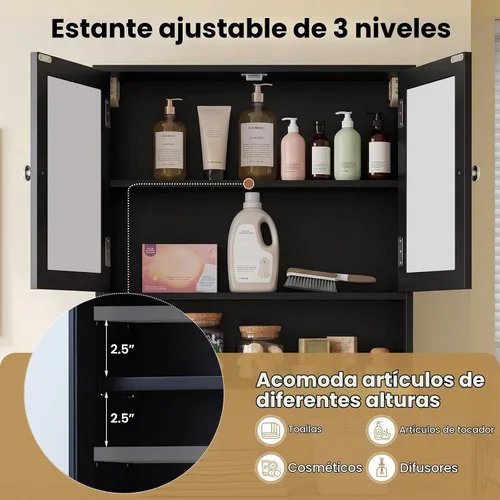 Vista 7 de GLACER - Armario de pared de baño moderno con espejo y estante ajustable Negro