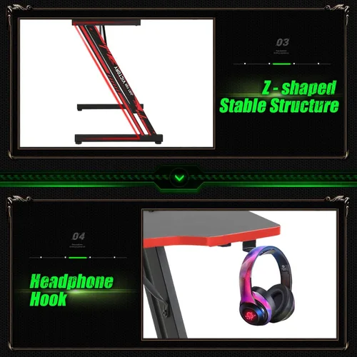 Vista 6 de Escritorio para juegos de computadora de 39.2 pulgadas, mesa de estudio con patas ajustables, moderna mesa de juegos con gancho para auriculares