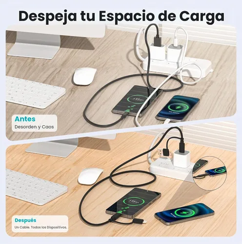 Vista 5 de Elebase Cable de carga 4 en 1 de 3.3 pies, cable de carga múltiple, cable de carga múltiple para iPhone con adaptador USB/Lightning para Apple 17 16