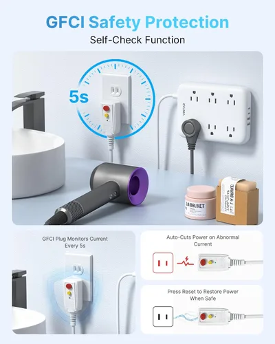 Vista 3 de Cinta de enchufes de 2 puntas con GFCI, VINTAR Adaptador de enchufe de GFCI de 2 a 3 puntas, cable de extensión de 6 pies con 6 salidas y 4 USB