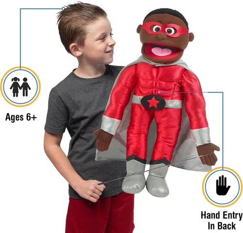 Vista 2 de Marioneta de superhéroe de 25 pulgadas, negro, cuerpo completo, estilo ventrílocuo