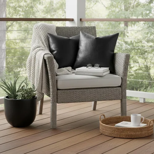 Vista 5 de Juego de 2 fundas de almohada modernas de piel sintética negra de 18 x 18 pulgadas, fundas decorativas de doble cara para sala de estar, sofá