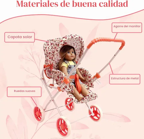 Vista 2 de Juego de Cochecito de Muñeca, Cochecito de Muñeca 3 en 1 con Moisés Extraíble, Carrito para Muñecas, Cochecito de Muñeca de Juguete para Niños Floral