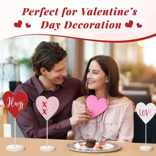 Vista 5 de 3 piezas de decoración de mesa de madera en forma de corazón para el día de San Valentín con base adornos de corazón para el día de San Valentín
