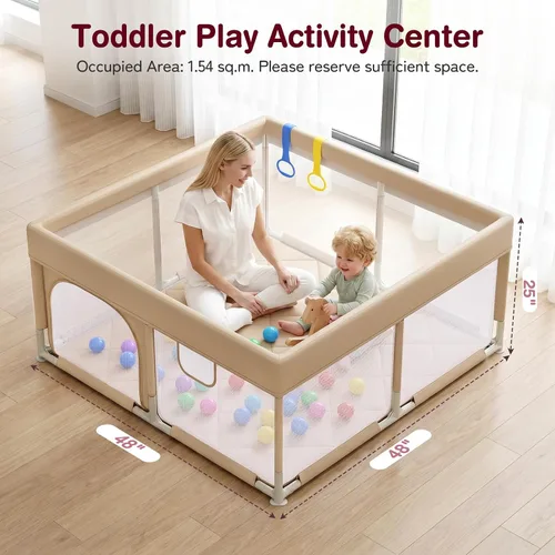 Vista 4 de Kidirect Corralito para bebés 47x47, beige, patio de juegos integrado con Beige-47" X 47