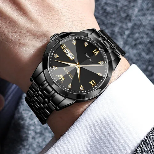 Vista 3 de OLEVS Reloj de pulsera automático con diseño de esqueleto para hombre, de lujo, con diamantes de lujo, de acero inoxidable, calendario, reloj