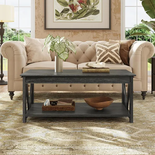 Vista 4 de WLIVE Mesa de Centro, Mesa de Centro Estilo Granja de 43" con Estante de Almacenamiento y Soporte Resistente en Forma de V, Mesa Central de Madera