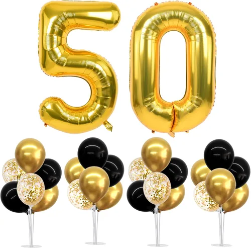 Vista 50 de TONIFUL Juego de 4 centros de mesa de globos con soporte para globos de color negro, azul y plateado