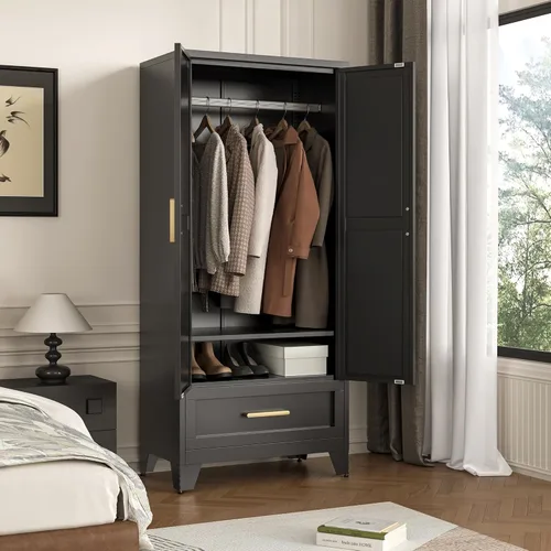 Vista 6 de LCAOPC Armario de metal de 71 pulgadas de alto con cajón y barra para colgar, armario de 2 puertas con estante para dormitorio, oficina, lavandería