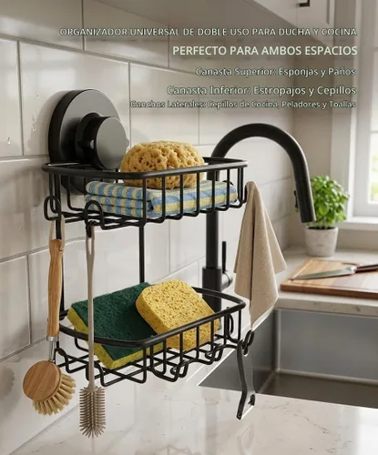 Vista 7 de Jabonera para ducha, potente sistema de vacío, resistente al óxido, 304, soporte para esponjas de cesta de acero inoxidable con ganchos de afeitar