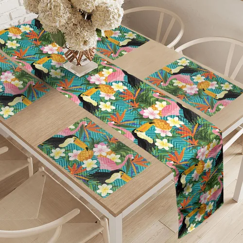 Vista 2 de Lunarable Camino de mesa tropical y manteles individuales, acuarela tucán loro flamenco piñas y flores silvestres sobre rombo, juego para decoración