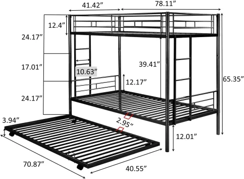 Vista 2 de Litera individual sobre individual con nido, se puede dividir en 3 camas, metal resistente para niños, niñas y adultos, color negro