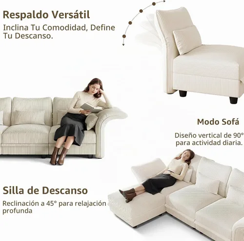 Vista 6 de LLappuil Sofá seccional beige con almacenamiento, sofás modulares de pana para sala de estar con apoyabrazos ajustables, cojines de felpa gruesos, 6
