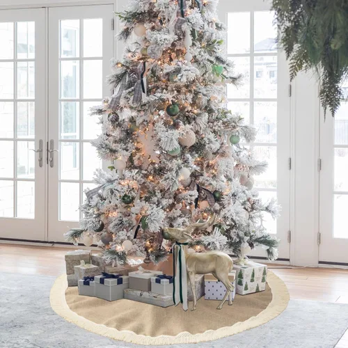 Vista 42 de ORTIGIA Falda blanca para árbol de Navidad de 48 pulgadas con POM POM, falda de árbol de Navidad de felpa suave de piel sintética blanca para árbol