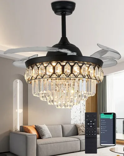 Vista 7 de Ventilador de techo LED de cristal regulable de 42 pulgadas con luces y control remoto, moderno ventilador de iluminación de techo retráctil