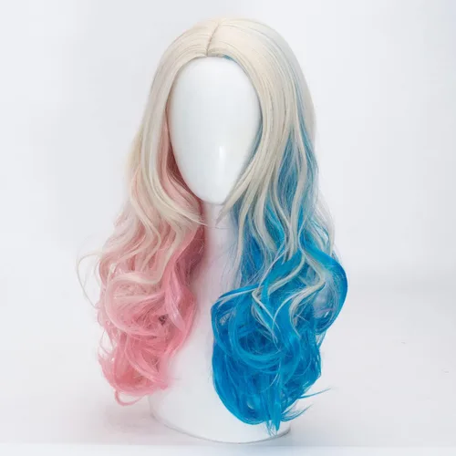 Vista 4 de Peluca rubia rizada de cosplay para mujer, peluca larga con raya media azul y rosa, disfraz de Halloween
