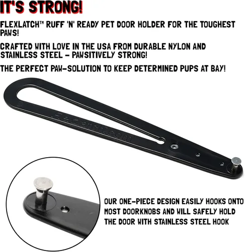 Vista 4 de FlexLatch Pestillo de puerta para gatos - Negro. Alternativa de puerta para gatos, instalación rápida. La correa de cierre flexible permite entrar a