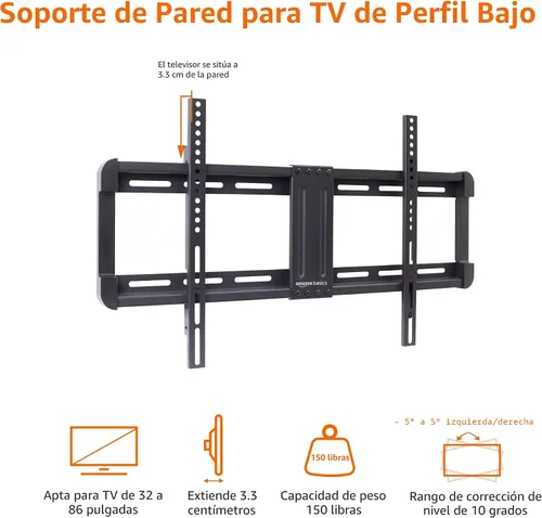 Vista 4 de Amazon Basics Soporte de pared para TV de perfil bajo con nivelación horizontal posterior a la instalación para televisores de 32 a 86 pulgadas
