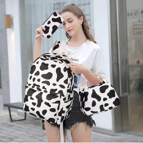 Vista 6 de Juego de mochila escolar con estampado de vaca para adolescentes, niñas, niños, bolsas con lonchera y estuche para lápices