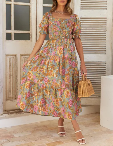 Vista 3 de ZESICA - Vestido de verano largo para mujer, diseño acampanado con cuello cuadrado y volantes, estampado floral y bohemio, para la playa
