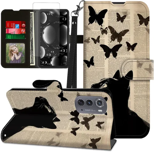 Vista 209 de Funda para Motorola Edge 2022 con protector de pantalla, soporte y tarjetero y correa para la muñeca, funda magnética para Moto Edge 2022 5G UW Lobo
